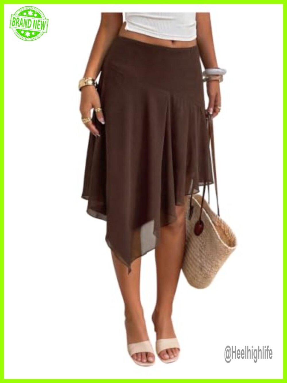 Mesh Ruffle Midi Skirt Asymmetrical Low Waist A-Line Summer Vacation